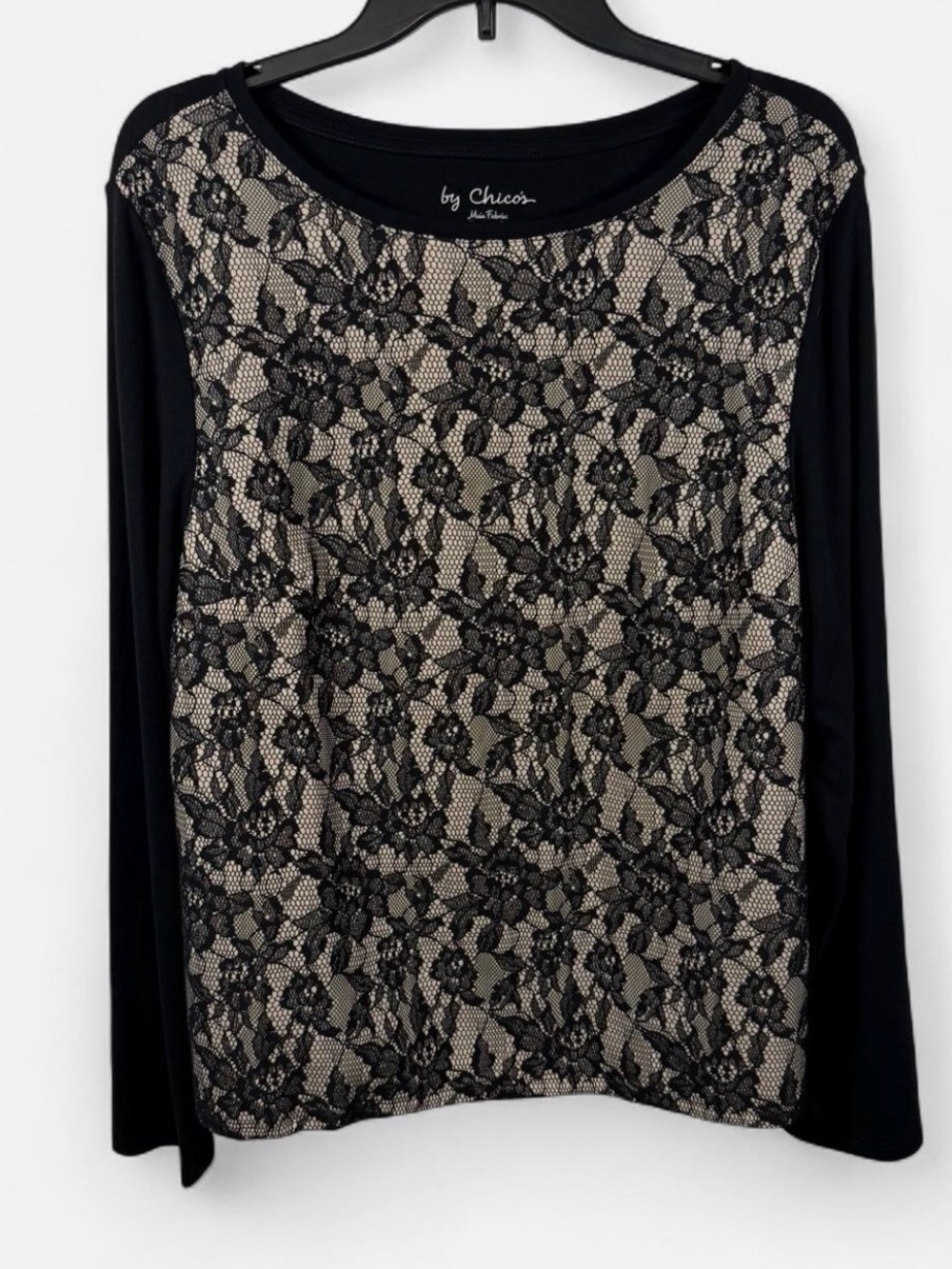 Chico's Black Lace Front Long Sleeve Top w/Nude Lining Chico’s size 2, US 12